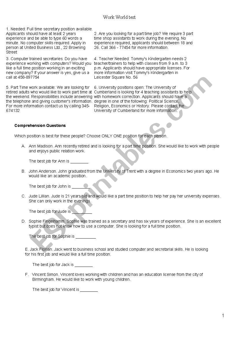 The work world test worksheet