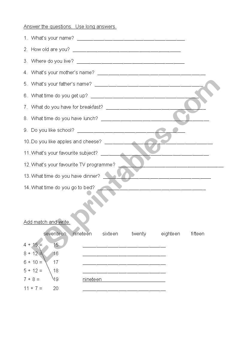 Worksheet for 7 and 8 Year Olds