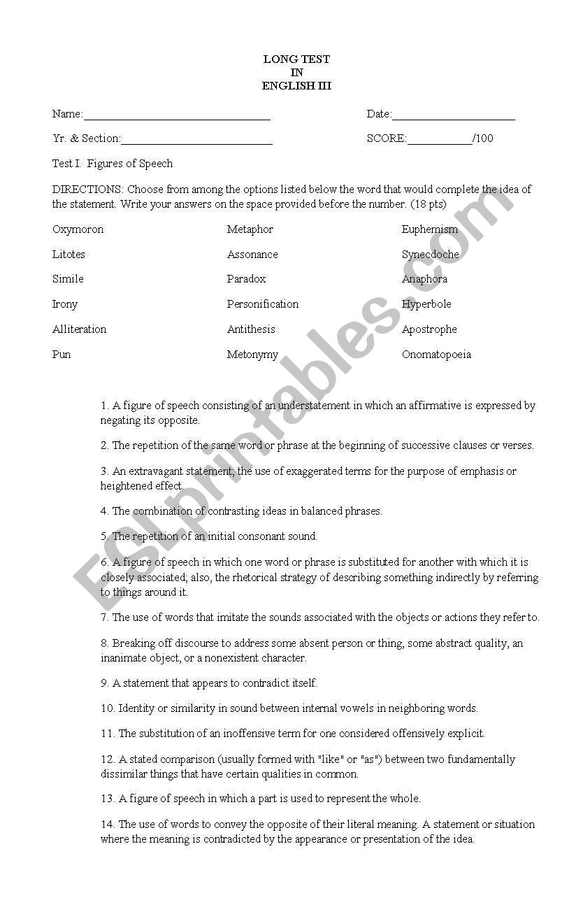 test on figures of speech, conjunctions, etc