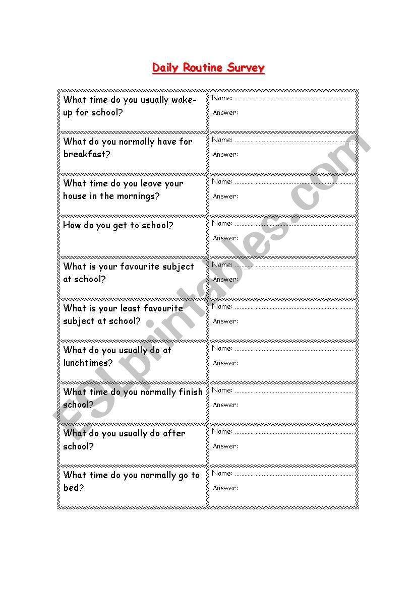 Daily Routine class Survey worksheet