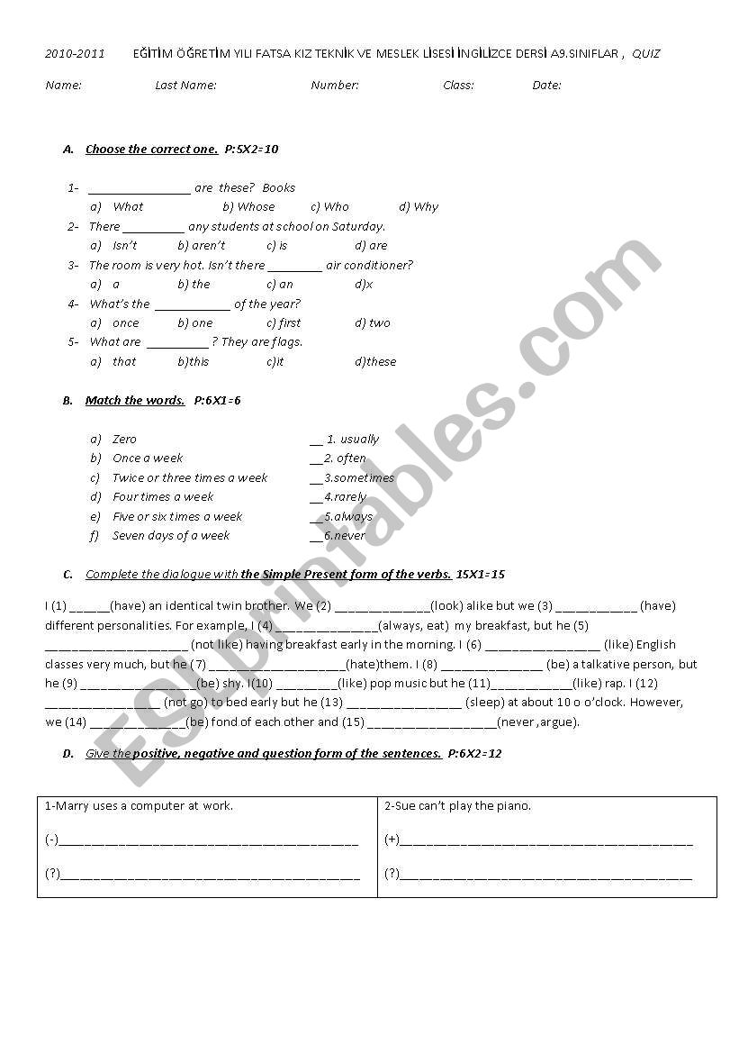 simple present tense quiz worksheet