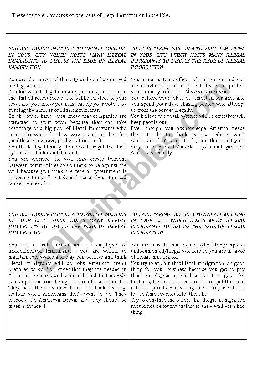 role play cards on the issue of immigration in the USA 