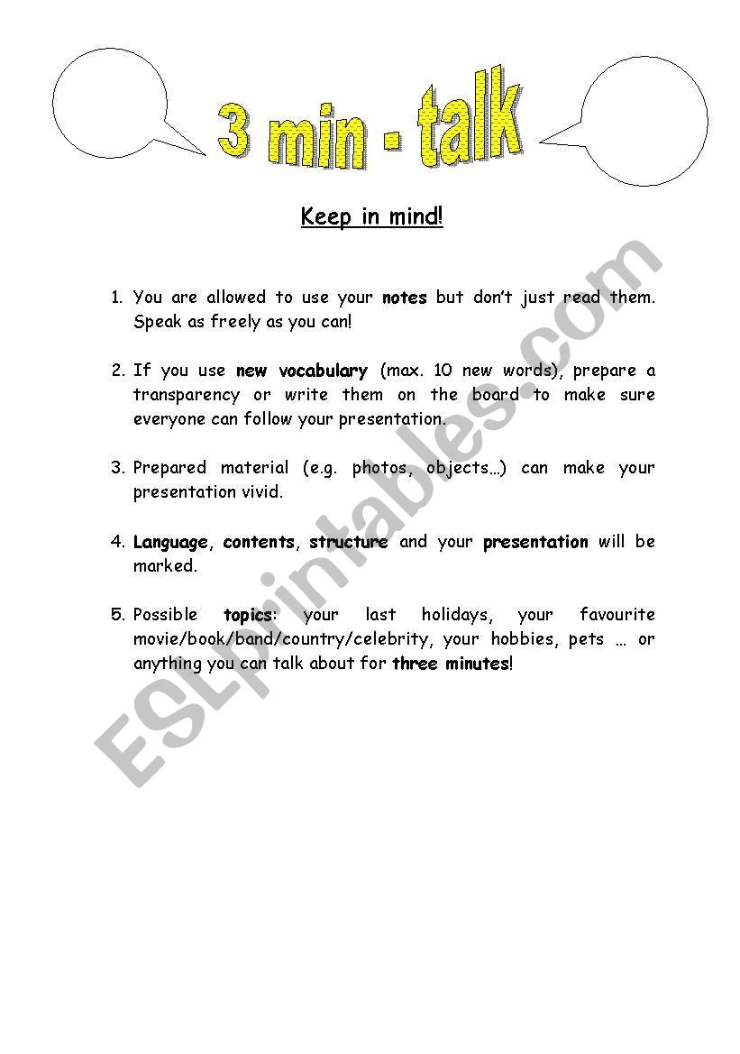 three min - talks  worksheet