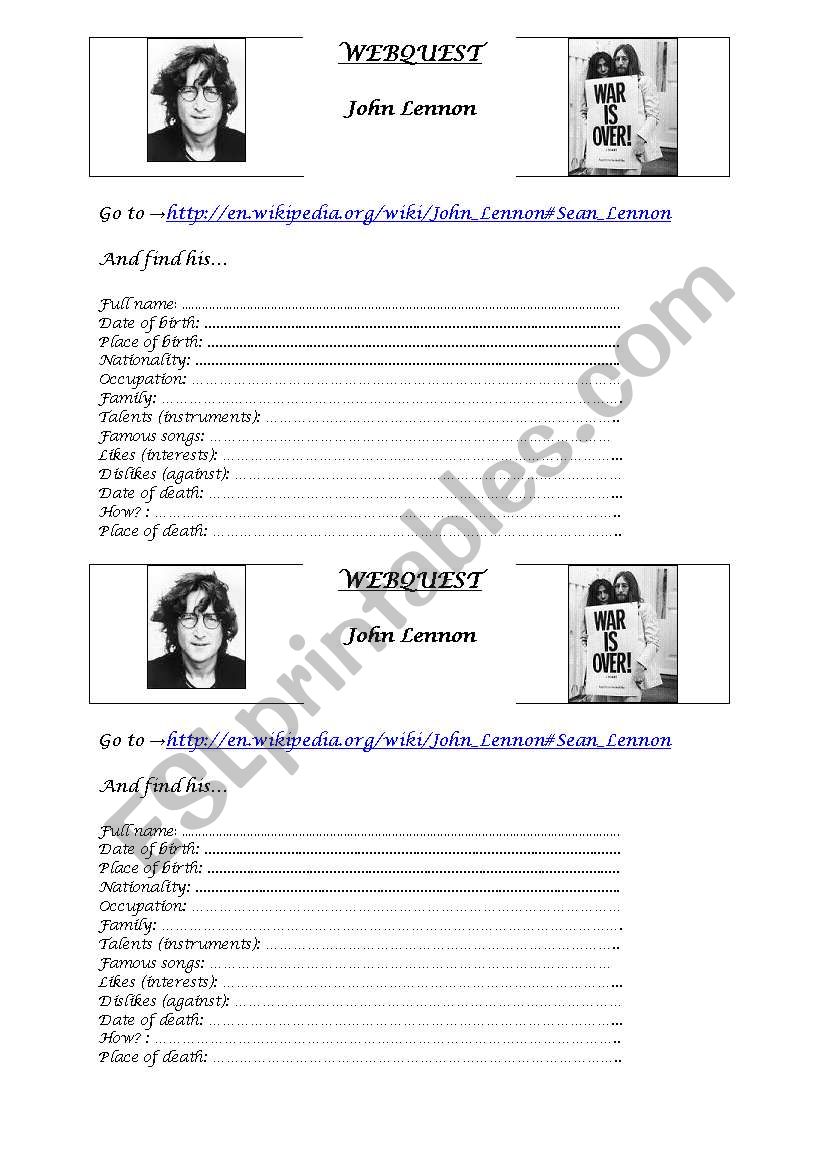 webquest John Lennon worksheet