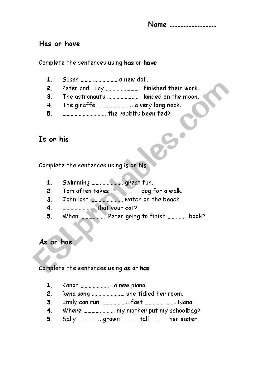 Has or have worksheet? worksheet