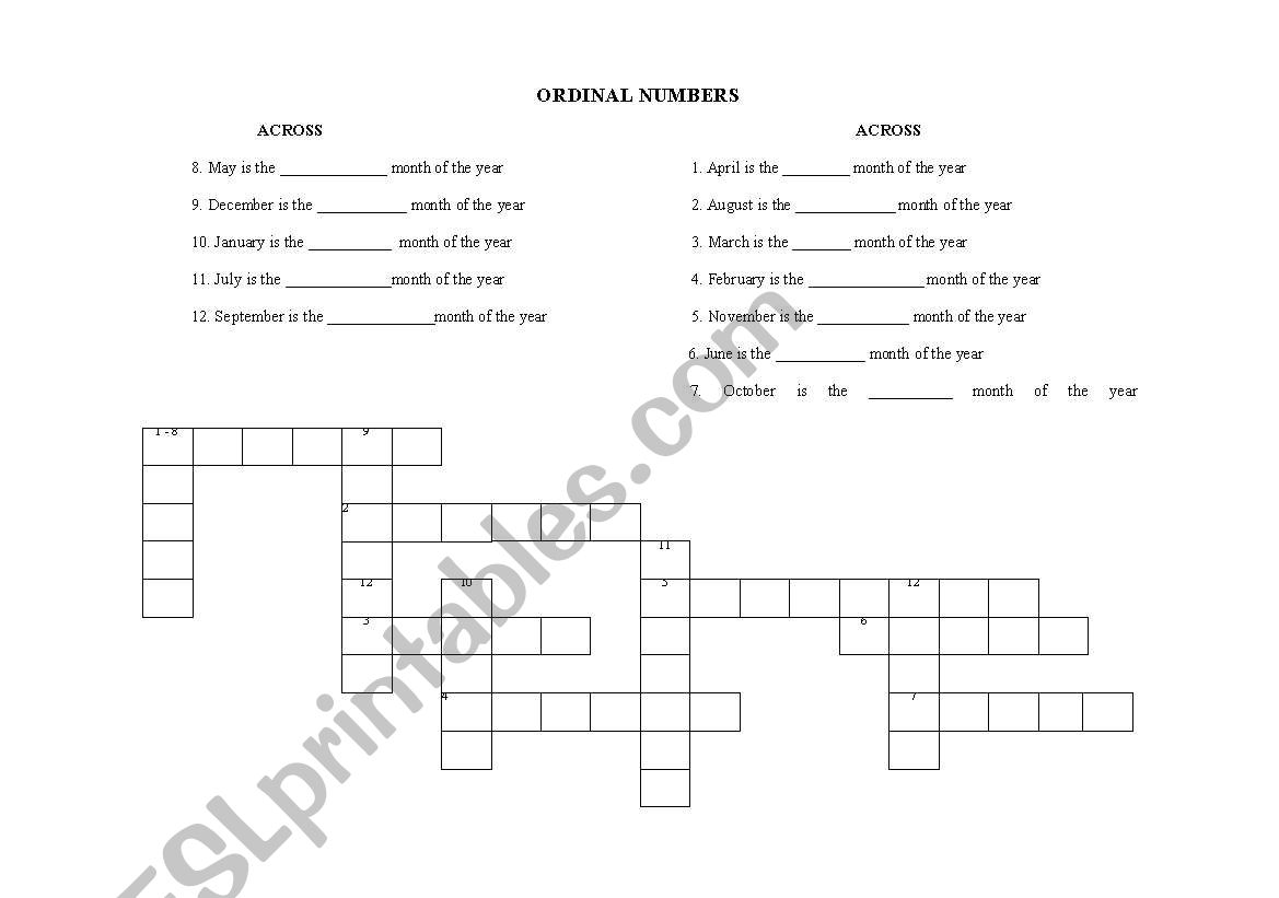 Cardinal numbers crossword worksheet