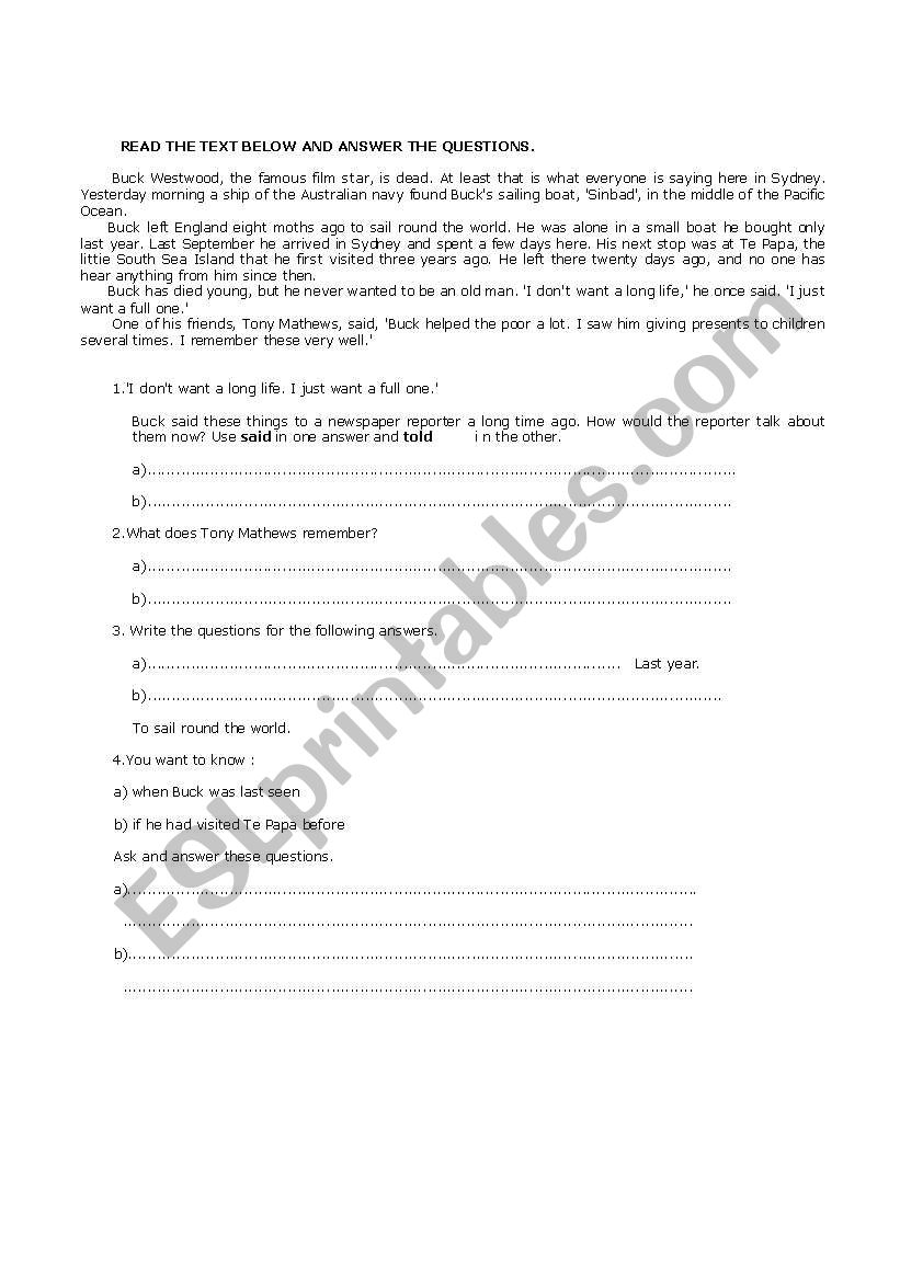 reported speech readng worksheet