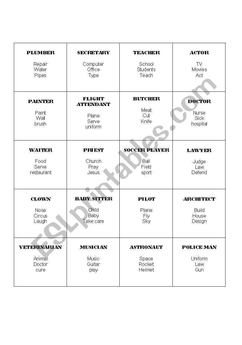 occupations taboo game worksheet