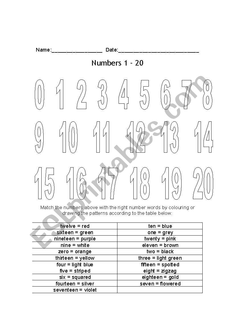 Numbers 0 to 20 worksheet
