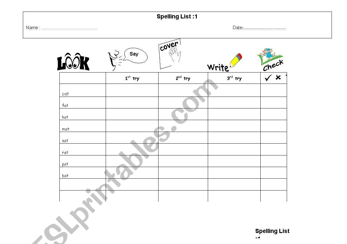 at words -spelling list worksheet