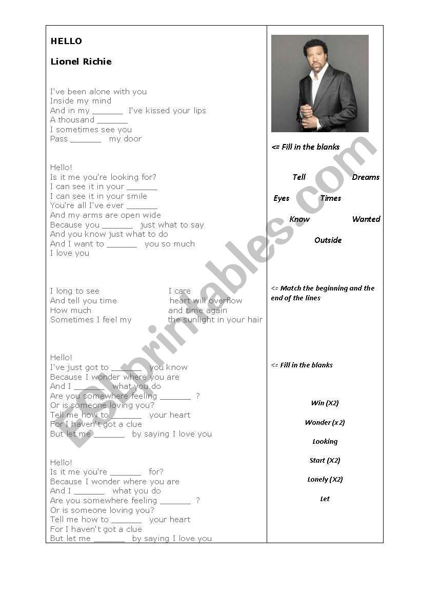 Hello - Lionel Richie worksheet