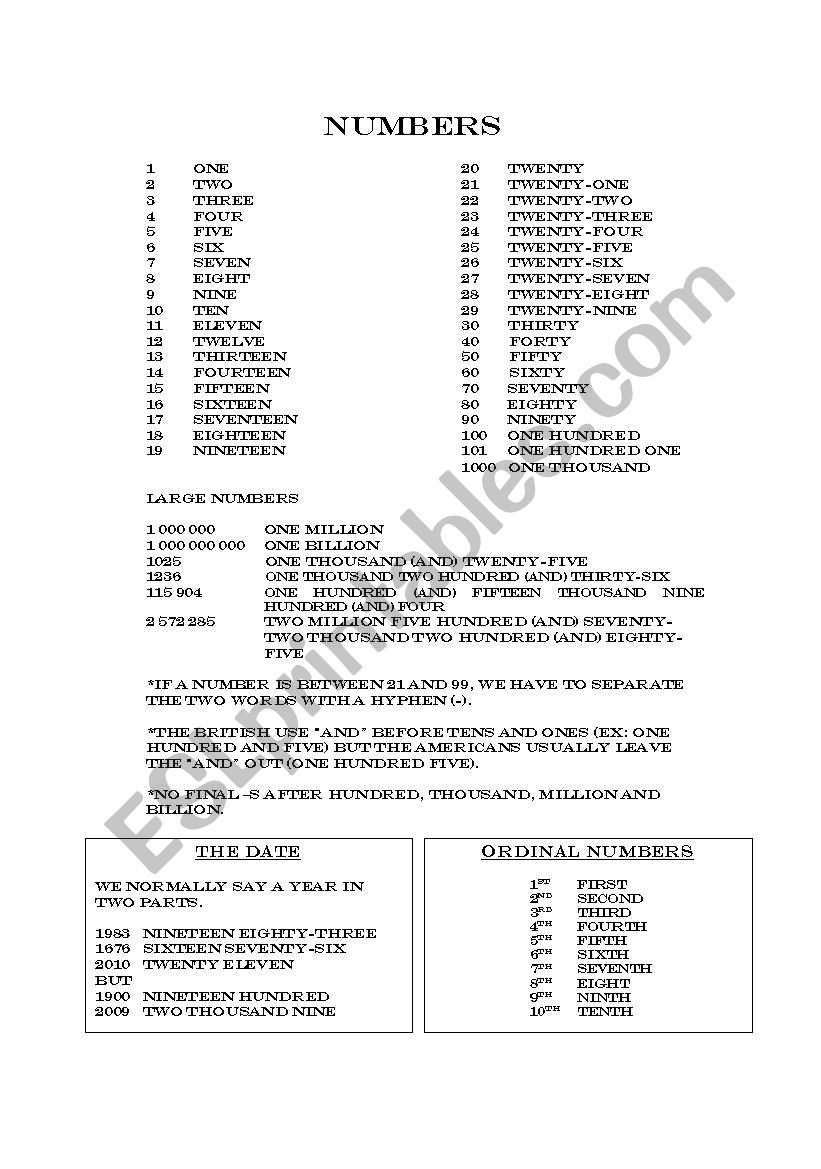 Numbers worksheet