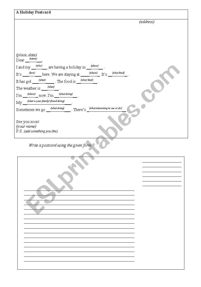 A Holiday postcard worksheet