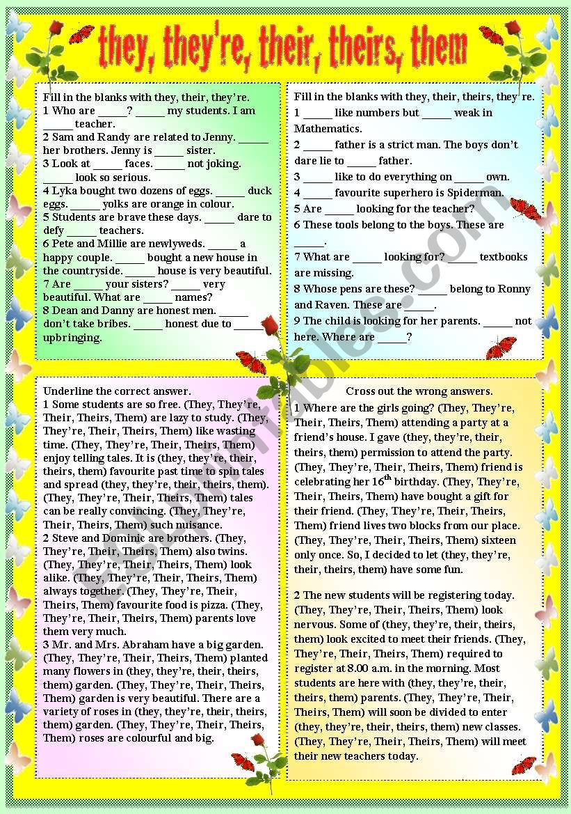 Theirs THEY, THEY´RE, THEIR, THEIRS, THEM (WITH B/W AND ANSWER KEY) - ESL ...