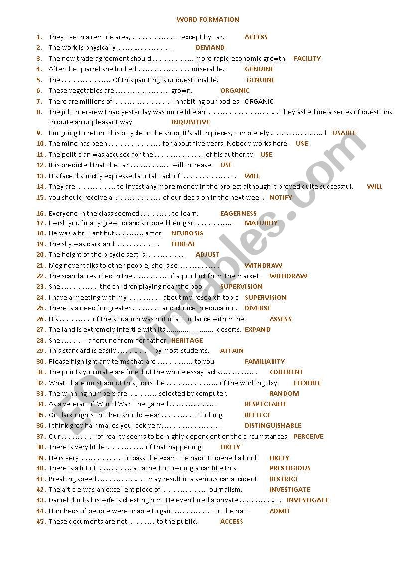 word formation worksheet