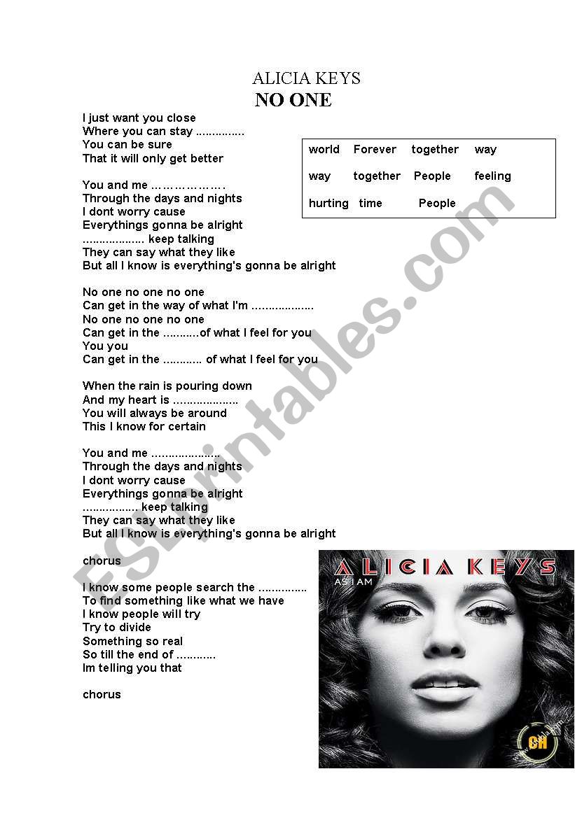 Alicia Keys No One Song worksheet