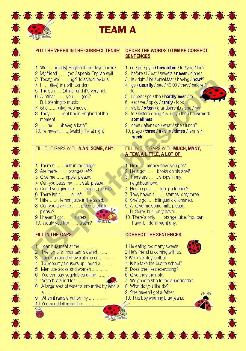 Self-correction. Team A (1/2) worksheet