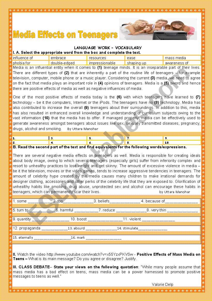 MEDIA EFFECTS ON TEENAGERS worksheet