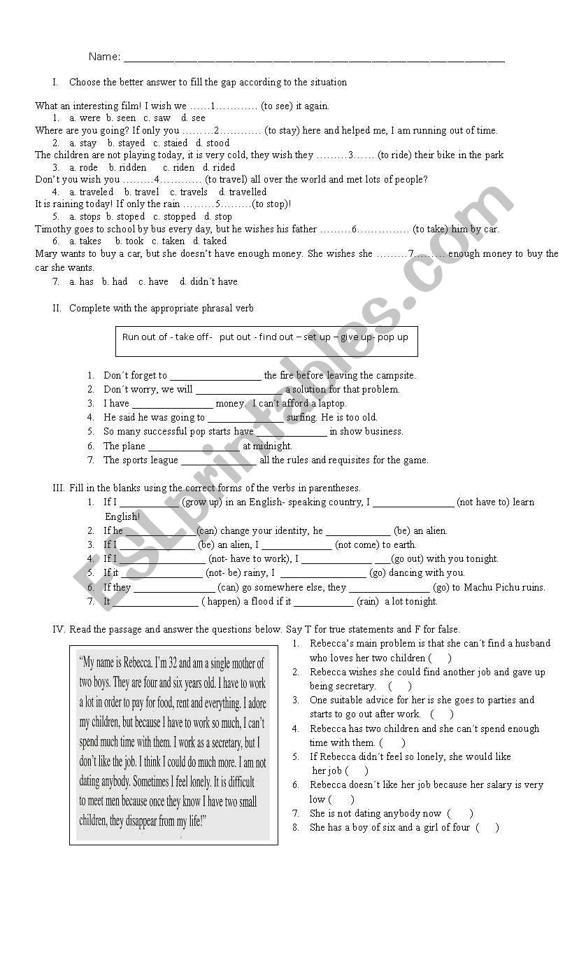 wish and phrasal verbs  quiz worksheet