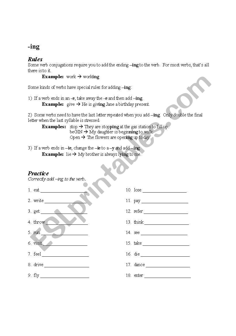 Adding ing to Verbs worksheet