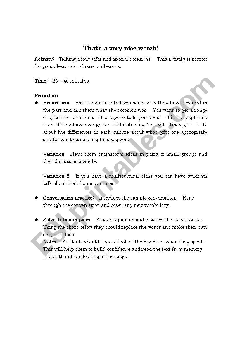 Gifts and Occasions worksheet