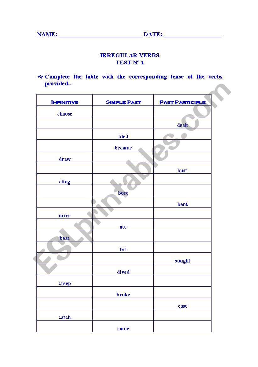 Irregular verbs Quiz worksheet