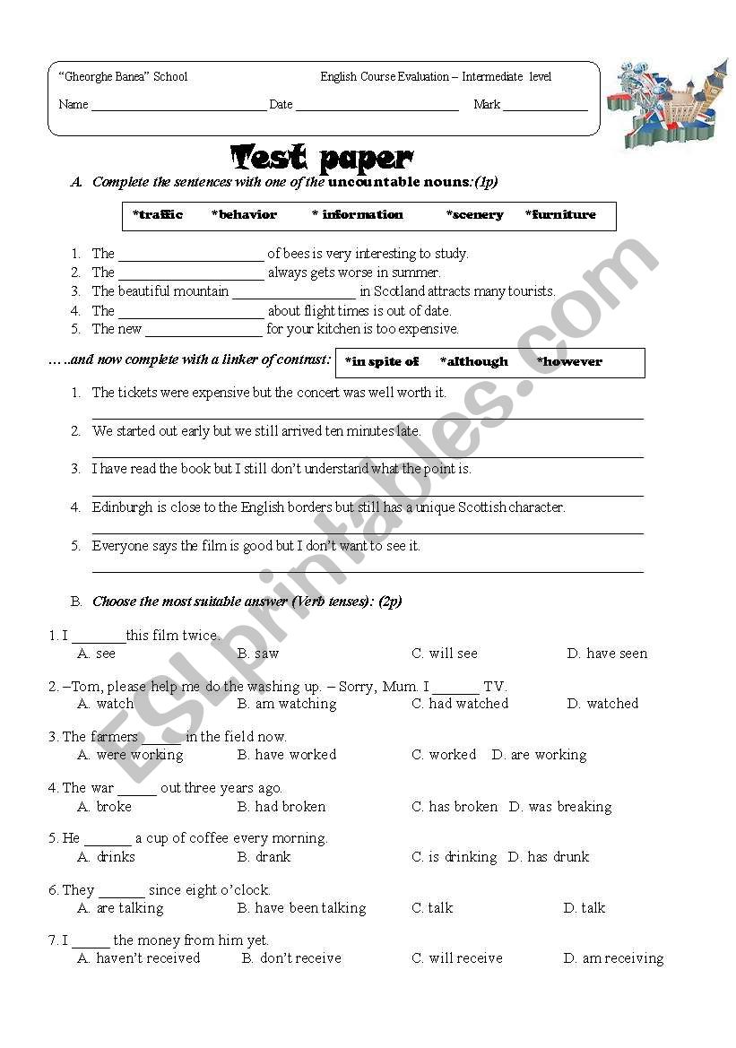 verb tenses worksheet