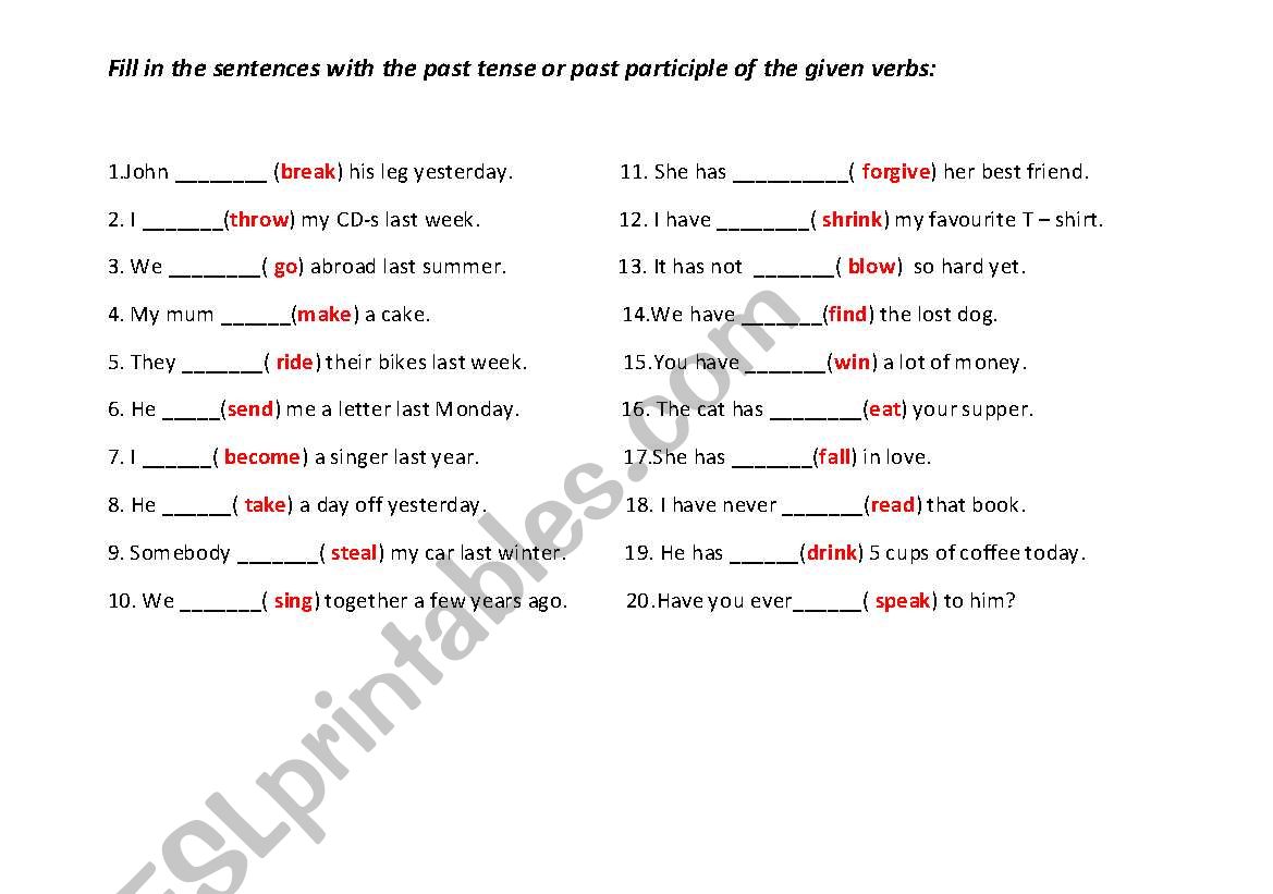 SIMPLE PAST - IRREGULAR VERBS worksheet