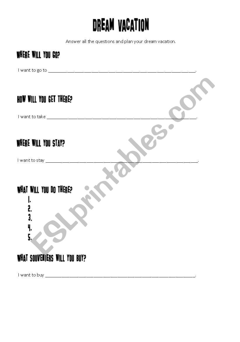 Dream Vacation worksheet