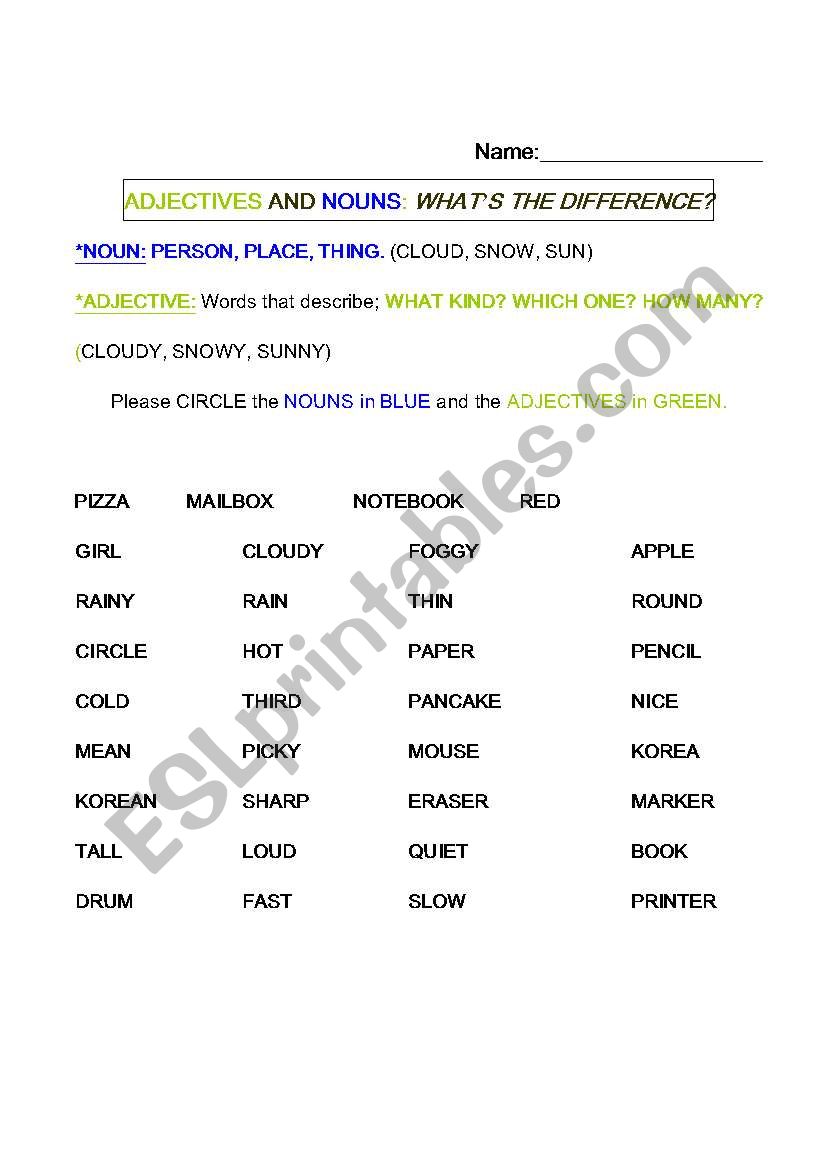 Adjectives vs nouns worksheet