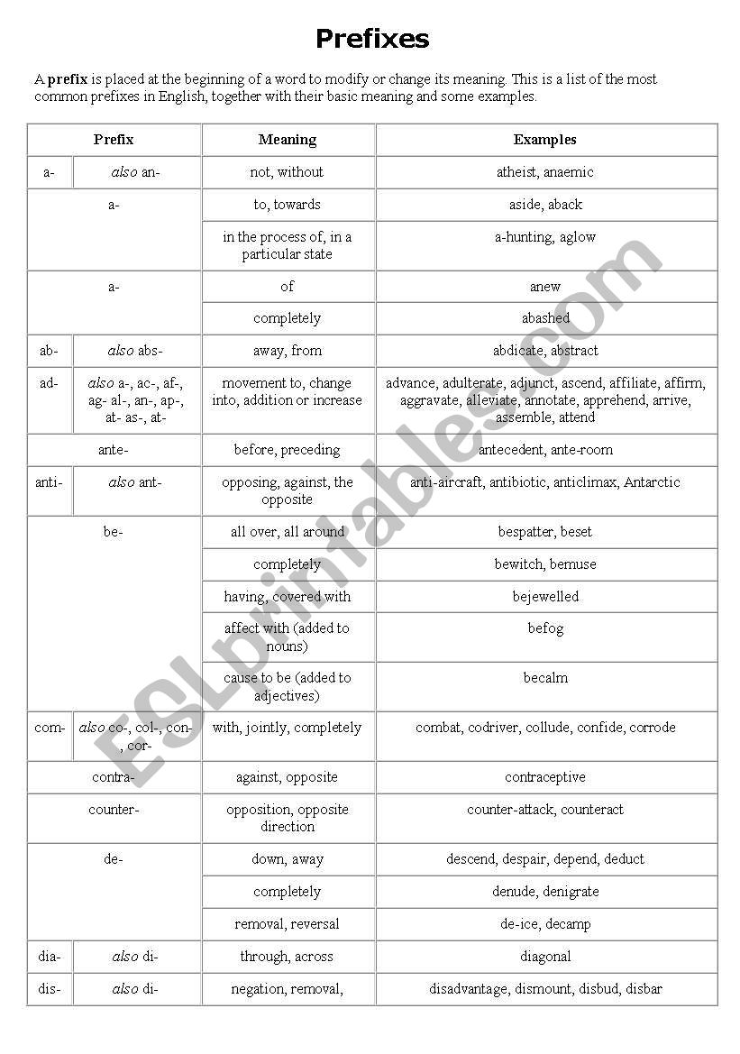 prefix worksheet