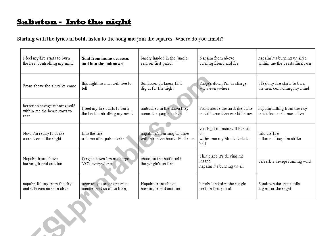 Sabaton - Into the Night worksheet