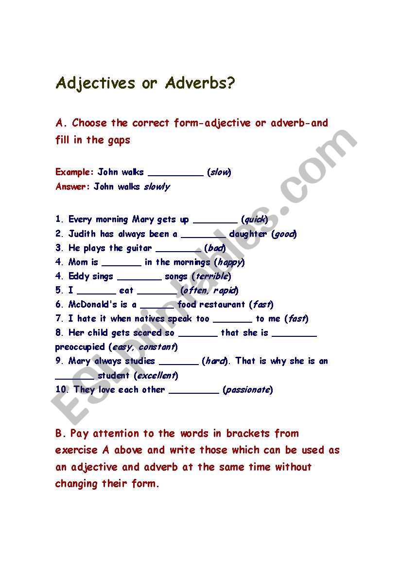 Adjectives or Adverbs worksheet