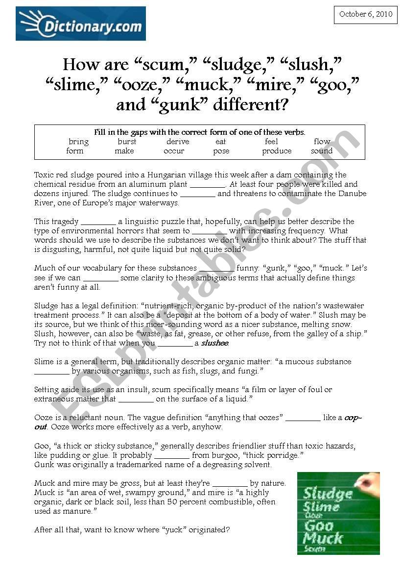 How are scum, sludge, slush, slime, ooze, muck, mire, goo, and gunk different?