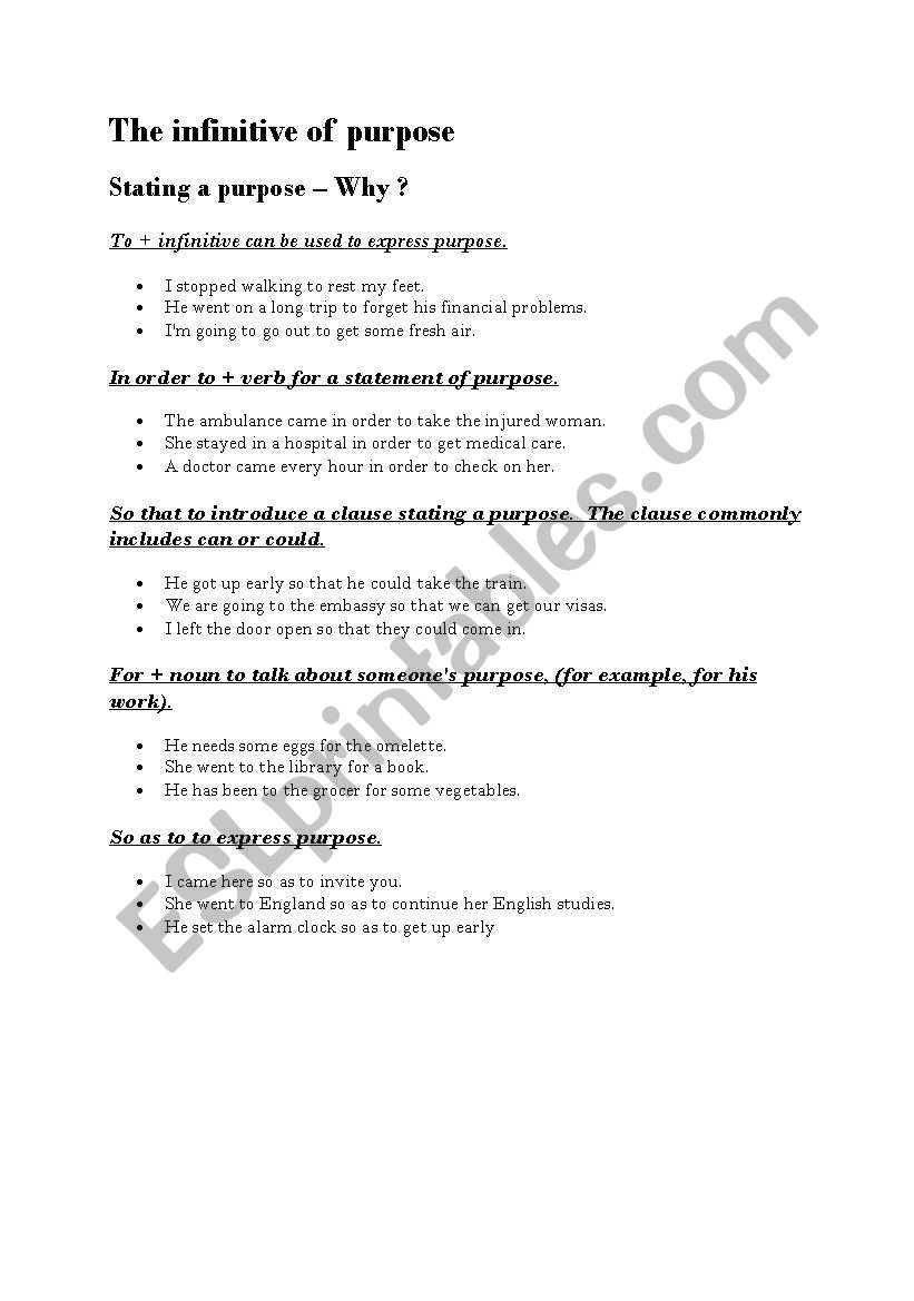 The infinitive of purpose worksheet