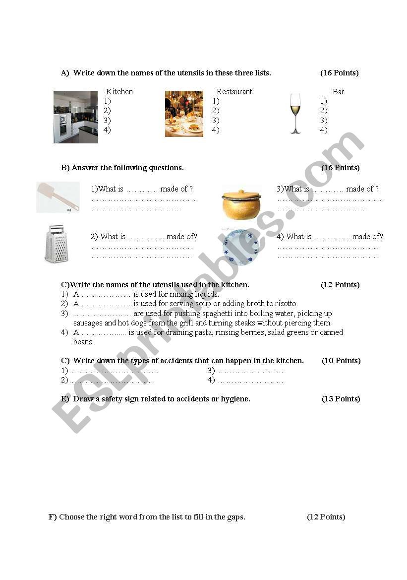 utensils  worksheet
