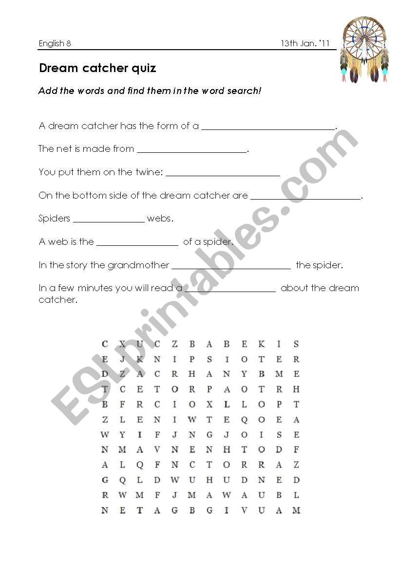 quiz on dream catcher legend worksheet