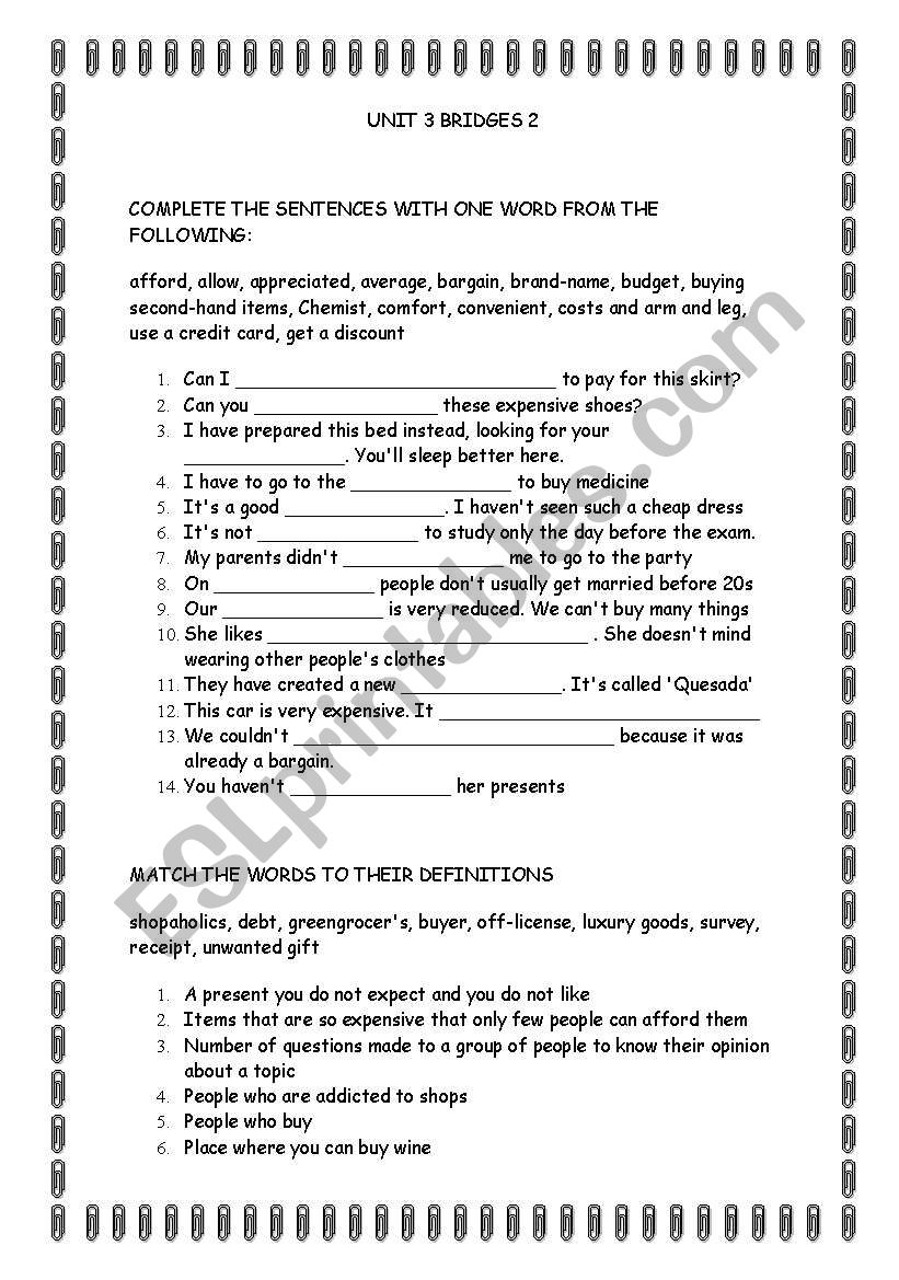 UNIT 3 BRIDGE 2 worksheet