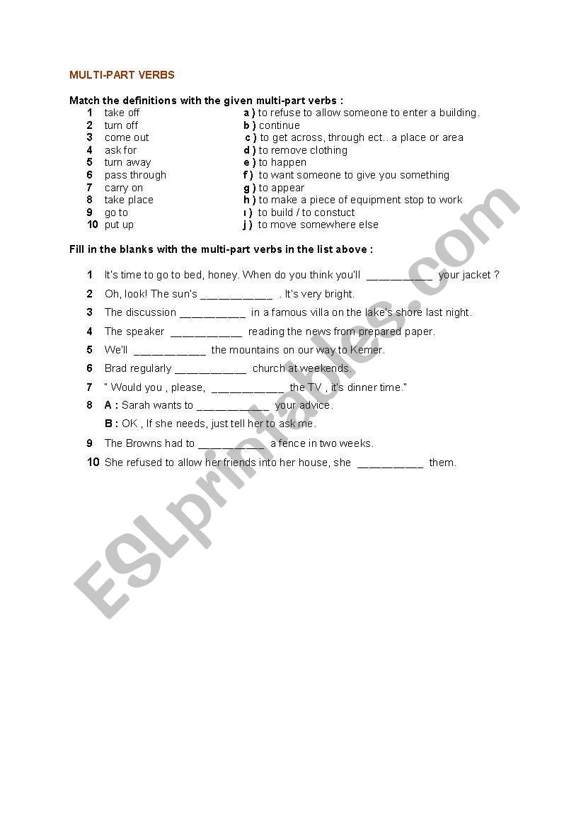 MULTI PART VERB worksheet