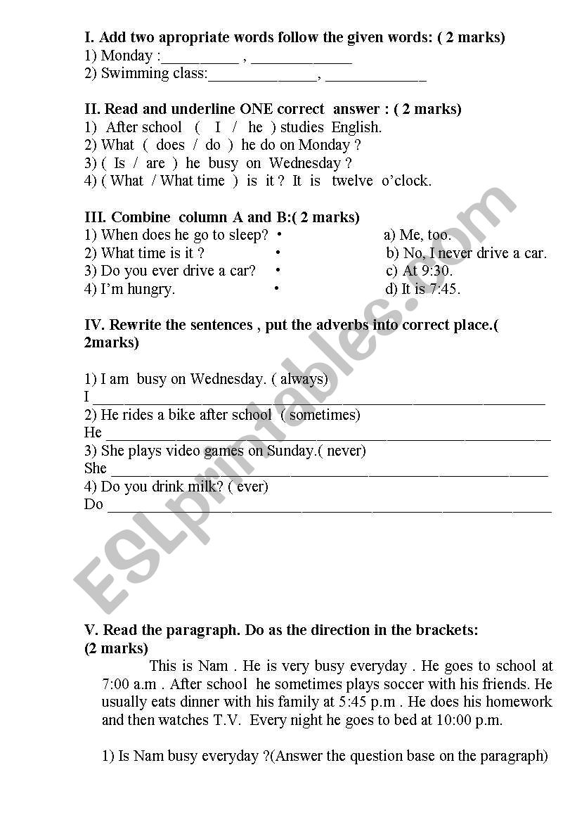 test for grade 3 to 5 worksheet