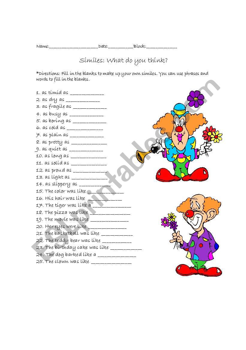 Silly Similes worksheet