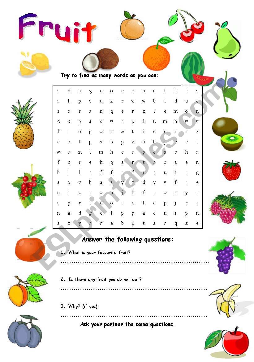 Fruit - vocabulary - ESL worksheet by talcott