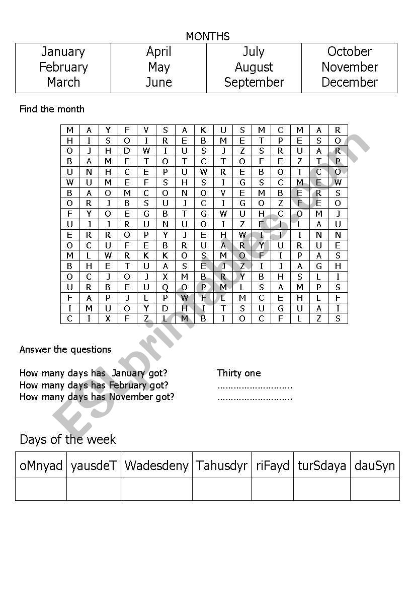 Months worksheet