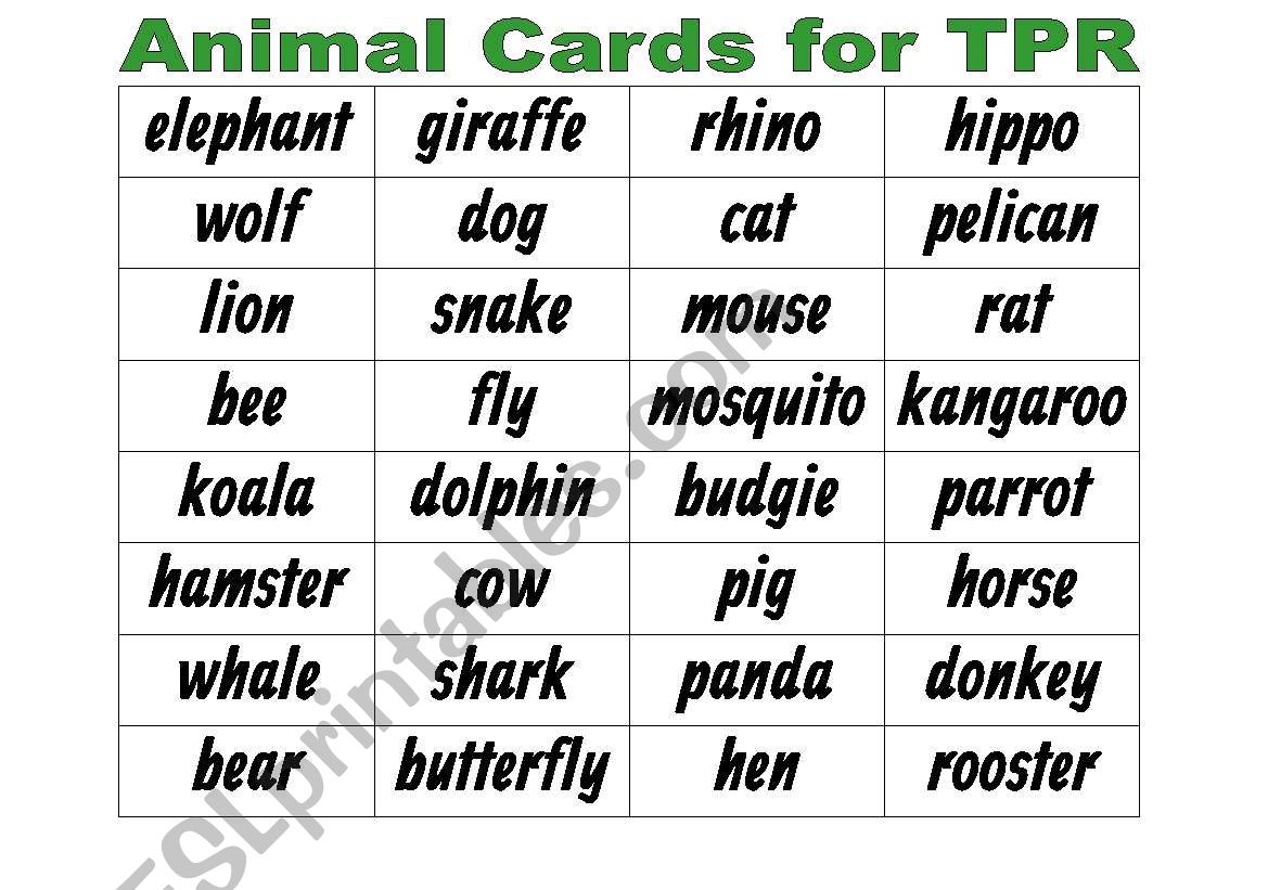 Animal Cards for TPR worksheet