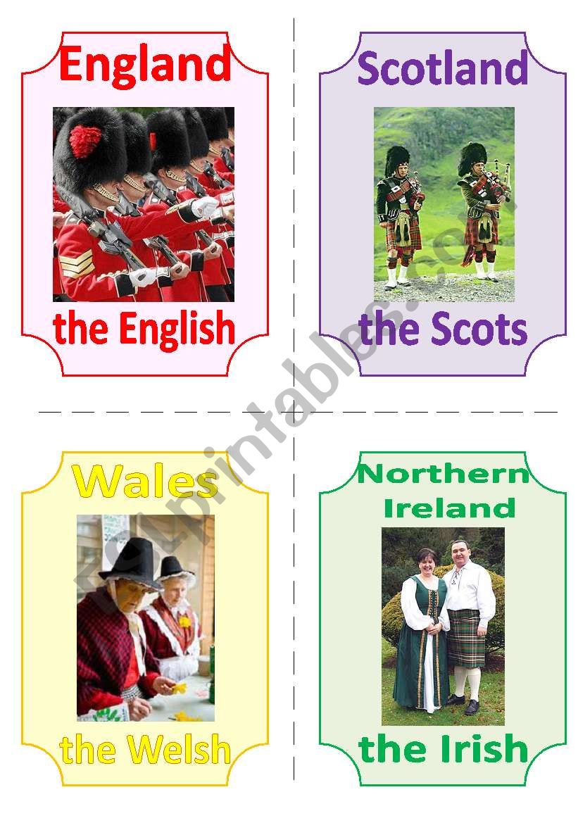 THE UK FLASHCARDS 4 - NATIONALITIES and ICONS, 2 pages, 8 flashcards
