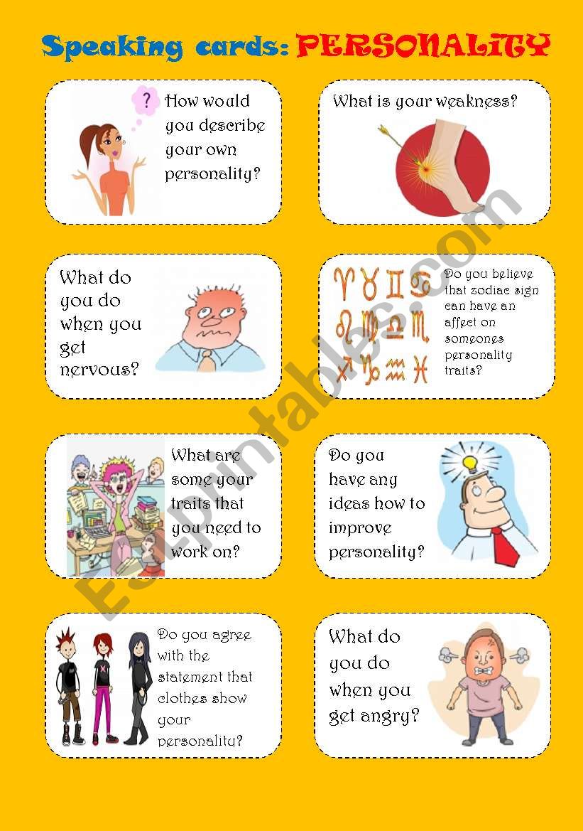 PERSONALITY, speaking cards worksheet