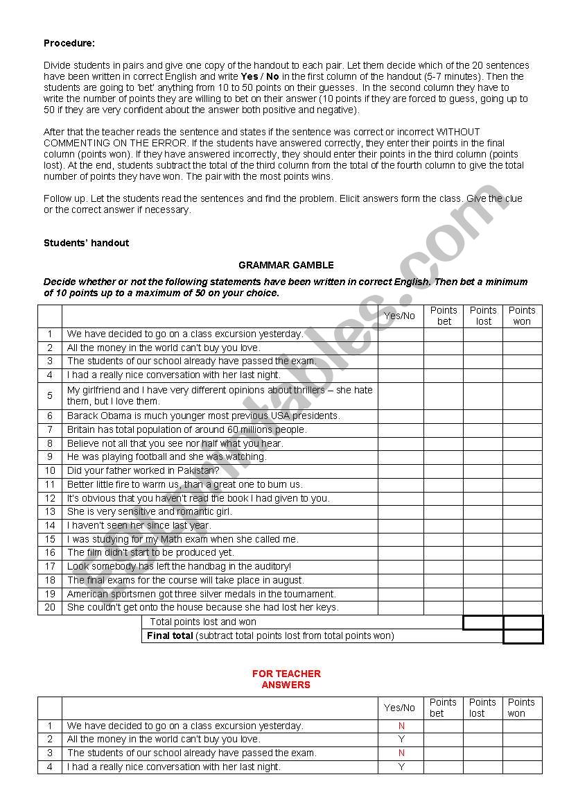 Grammar gamble worksheet