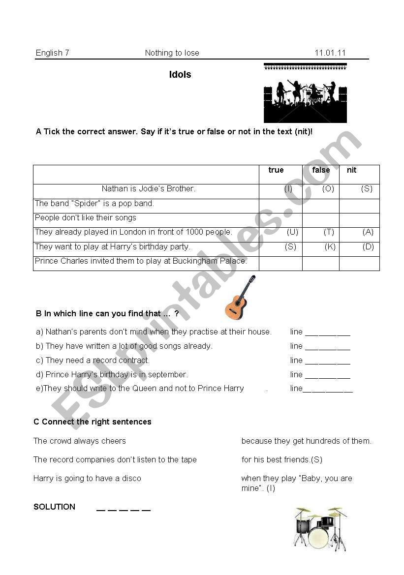 Idols/ Nothing to lose worksheet