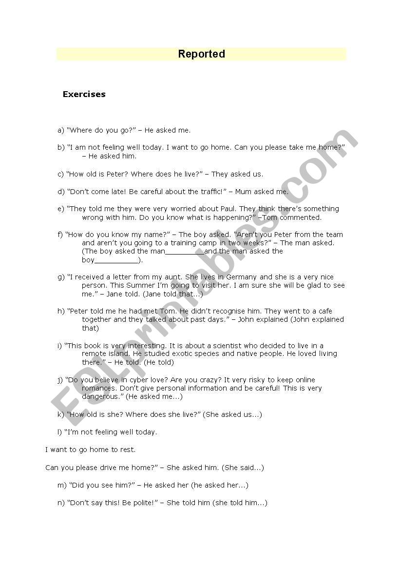 Reported speech worksheet