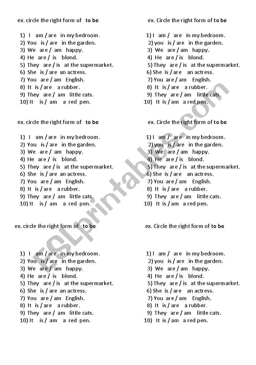 circle the right form of to ba (simple present)